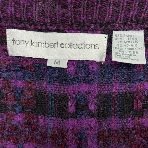 Vtg Tony Lambert Cardigan Women M Purple Plaid Mohair Blend Chunky Indie 80s 90s - Picture 3 of 12
